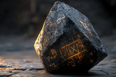 A black cube stone with glowing golden inscriptions rests on a dark, rough surface.の素材