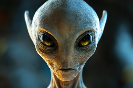 A close-up portrait of an alien with large yellow eyes, looking directly at the viewer.の素材