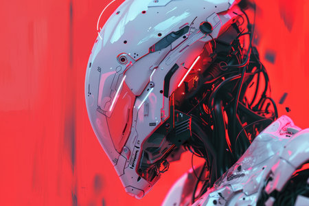 A close-up image of a robotic head with a futuristic helmet, glowing with red and white lights, set against a red background.の素材