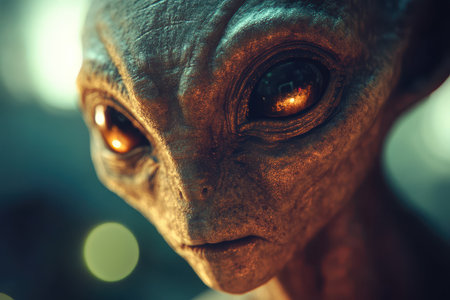 A close-up portrait of an alien with large, golden eyes and a textured, gray skin. The subject&#39;s gaze is direct, creating a mysterious and intriguing effect.の素材