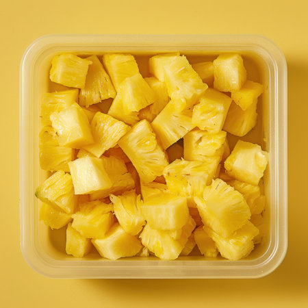 A close-up shot of a plastic container filled with cubed pineapple.の素材