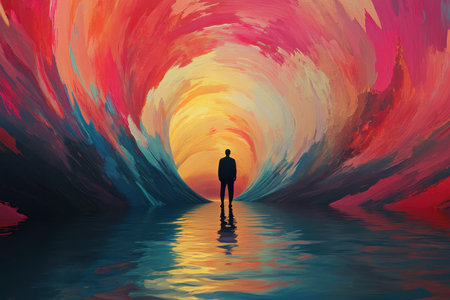 A solitary figure stands in a vividly painted abstract landscape, bathed in warm hues and surrounded by swirling brushstrokes.の素材