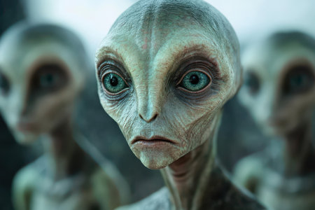 The image shows a close-up portrait of a humanoid alien with grey skin and large, blue eyes. The alien&#39;s expression is serious and contemplative, and its features are depicted in great detail.の素材