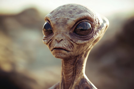A close-up portrait of a grey alien with large eyes, wrinkled skin, and a slightly unsettling expression.の素材