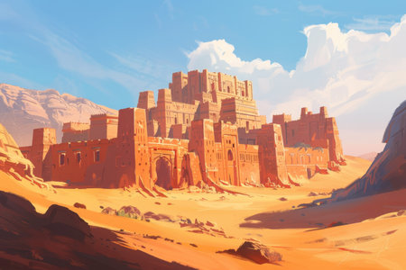 A digital painting depicting an ancient city in ruins, situated in a vast desert landscape under a clear sky.の素材