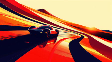 A stylized red sports car races across a colorful, abstract road.  The image uses vibrant colors and dynamic lines to capture the sensation of speed and movement.の素材