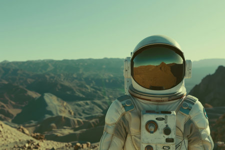 A solitary astronaut stands on a desert landscape, their helmet reflecting the surrounding mountains.の素材