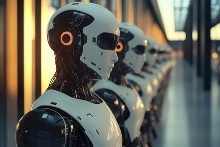 A line of white humanoid robots with visible black wiring and glowing sensors, standing in an industrial setting.の素材