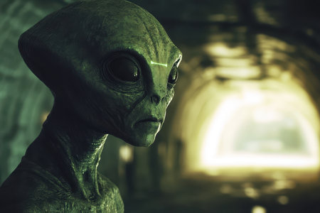The image depicts a close-up portrait of a grey alien standing in a dark tunnel, its face illuminated by a faint light from the tunnel&#39;s entrance.の素材