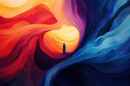 An abstract digital art piece featuring a solitary figure standing within a vibrant, wavy landscape of contrasting colors.の素材