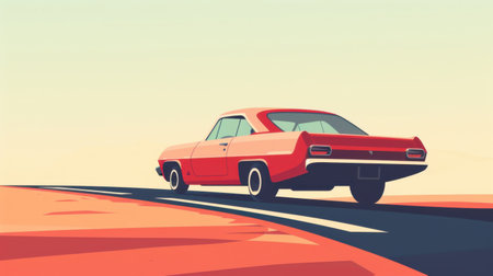 A classic red car drives down a winding road with a clear, bright sky in the background.の素材