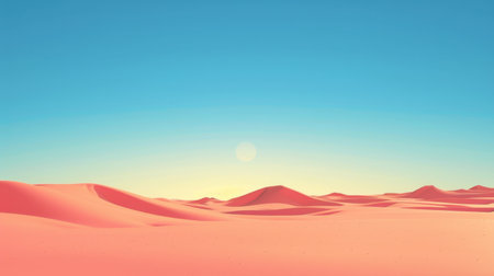 A minimalist depiction of a desert landscape with a bright blue sky, a single sun, and sand dunes.の素材