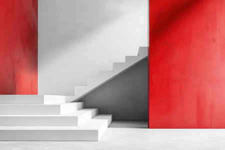 A minimalist interior design featuring white steps leading up to a red wall in an empty room.の素材
