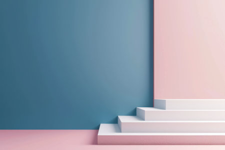 A minimalist image featuring a set of white steps against a blue and pink wall, providing a clean, modern backdrop for showcasing products.の素材