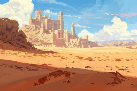 A digital painting depicting a distant city nestled within a vast desert landscape. The scene showcases a mix of architectural structures, including tall towers and spires, suggesting an ancient civilization or a fictional world. The sandy dunes, blue sky, and fluffy clouds create a sense of grandeur and mystery.の素材
