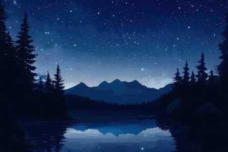 A serene night scene with a still lake reflecting a star-filled sky, silhouetted trees, and distant mountains.の素材