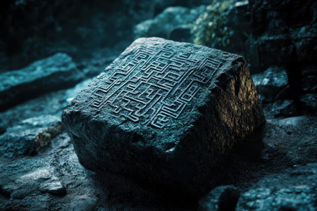A close-up of a dark stone block with a complex labyrinth pattern carved into its surface, resting among other rocks in a shadowy, mysterious setting.の素材