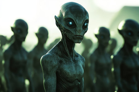 A detailed close-up of a grey alien with glowing blue eyes, standing in a group of other aliens.の素材
