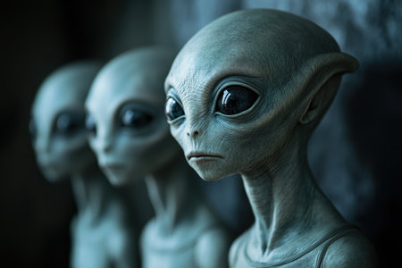 A close-up portrait of an alien with a smooth grey skin and large black eyes, with two other aliens blurred in the background.の素材