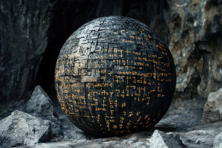 A black sphere with glowing symbols rests on a bed of rocks, creating a mysterious and futuristic scene.の素材