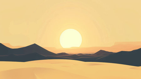 A digital illustration depicting a desert landscape at sunset, featuring a large, glowing sun and silhouetted mountains against a warm, golden sky.の素材