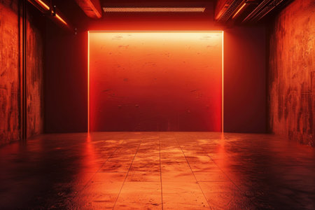 An empty industrial room with a red neon light illuminating the concrete walls and floor.の素材