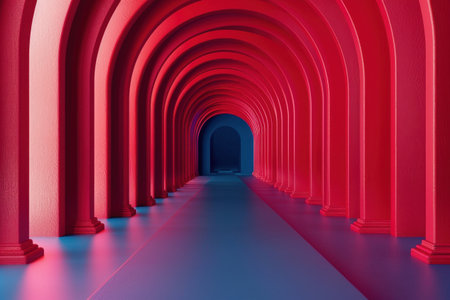 A long hallway with red arches on each side and a dark blue door at the end.の素材