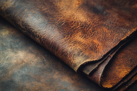 A close-up shot of a folded piece of brown leather with visible texture and grain.の素材