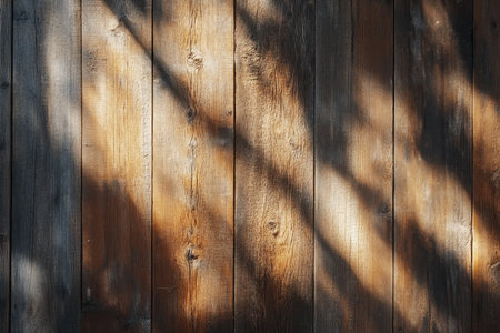 A close-up shot of weathered wood planks with sunlight casting shadows on the surface.の素材