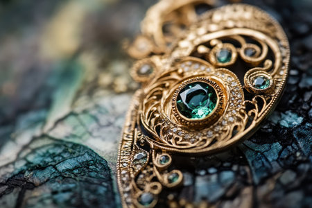 A close-up of a gold jewelry piece featuring an emerald gemstone surrounded by intricate details.の素材