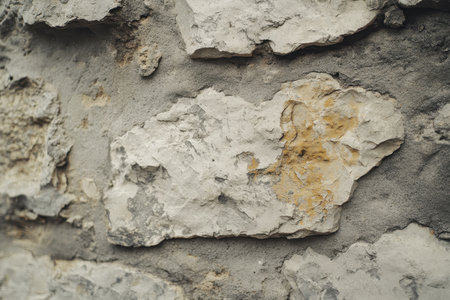 A close-up of a weathered stone wall with cracks and uneven texture, showcasing the natural beauty of aged stone.の素材