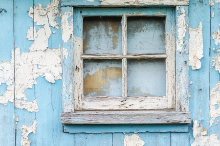 A close-up of a weathered wooden window frame on a wall with peeling blue and white paint.の素材