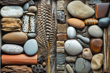 A close-up of an arrangement of stones, wood, and a feather, showcasing the natural textures and colors of the elements.の素材