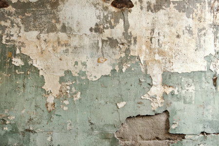 A close-up of an old concrete wall with peeling paint, showing a weathered, cracked, and uneven surface.の素材