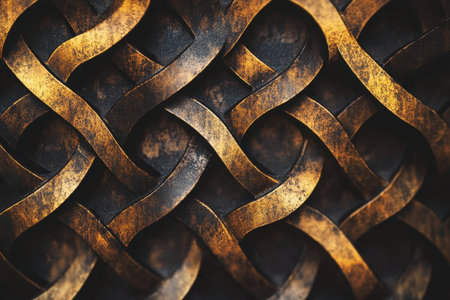 A close-up of a metallic latticework with interwoven gold and black bands, creating a textured and geometric pattern.の素材