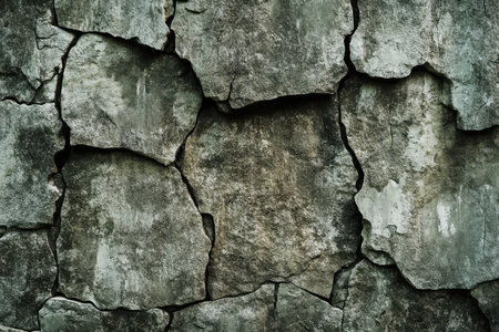 A close-up image showcasing the textured surface of a cracked and weathered stone wall, revealing a blend of gray, green, and brown hues.の素材