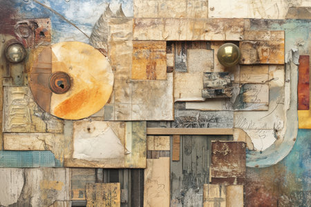 The image showcases a modern abstract collage featuring geometric shapes, textural elements, and a blend of earthy colors, primarily beige, brown, and grey.の素材