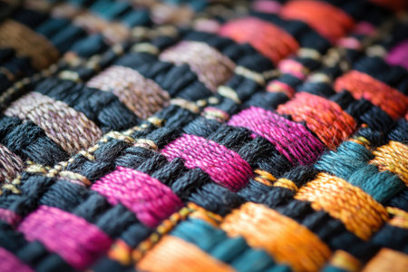 A close-up image showcasing the intricate weave of a fabric with alternating pink and black strands, highlighting the texture and color variations.の素材