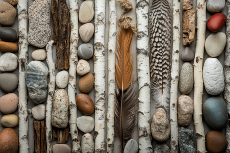 A simple, minimalist arrangement of natural elements, including stones, birch branches, a feather, and wood.の素材
