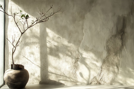 A single ceramic vase containing a bare branch with a few green leaves sits in a window, casting a shadow on a textured wall.の素材
