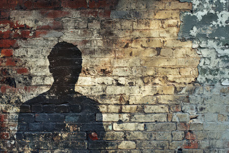 A weathered brick wall with a silhouette of a person painted on it.の素材