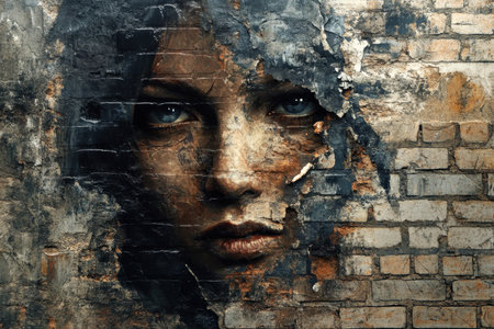 A close-up image of a woman&#39;s face painted on a brick wall, with weathered and chipped paint revealing the bricks beneath.の素材