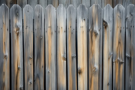 A close-up view of several weathered wooden fence panels, showing the intricate grain patterns, knots, and variations in color.の素材
