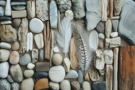 A close-up image showcasing a collection of smooth stones, driftwood pieces, and feathers arranged in a flat lay pattern.の素材