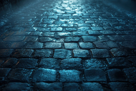 A close-up image of a wet cobblestone path under a blue light at night, with a misty and atmospheric mood.の素材