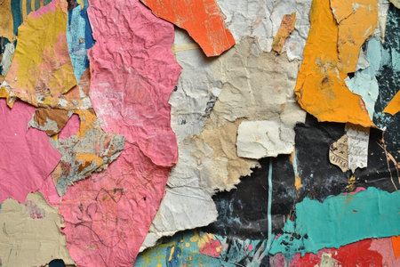 A close-up image of a wall covered in layers of torn and weathered colorful paper.の素材
