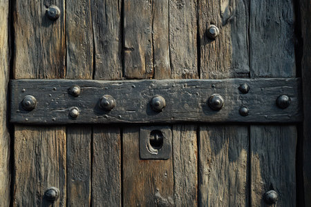 A close-up of an old wooden door with a black metal strap and rivets.の素材