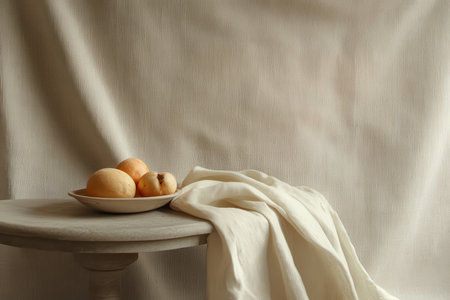 A still life image of three peaches in a white bowl on a wooden table, with a white cloth draped over the side of the table.の素材