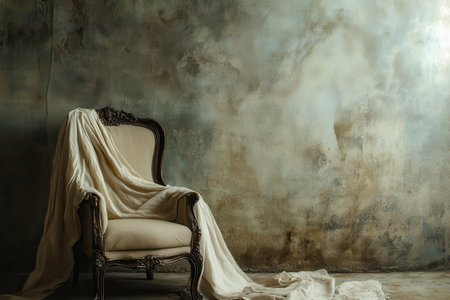 An ornate chair draped in white fabric against a weathered wall.の素材