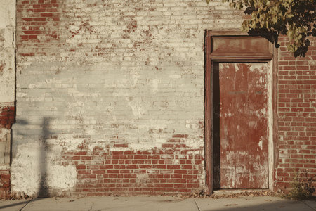 A close-up shot of a weathered brick wall with a closed wooden door, showcasing the rustic textures and colors of the building&#39;s exterior.の素材